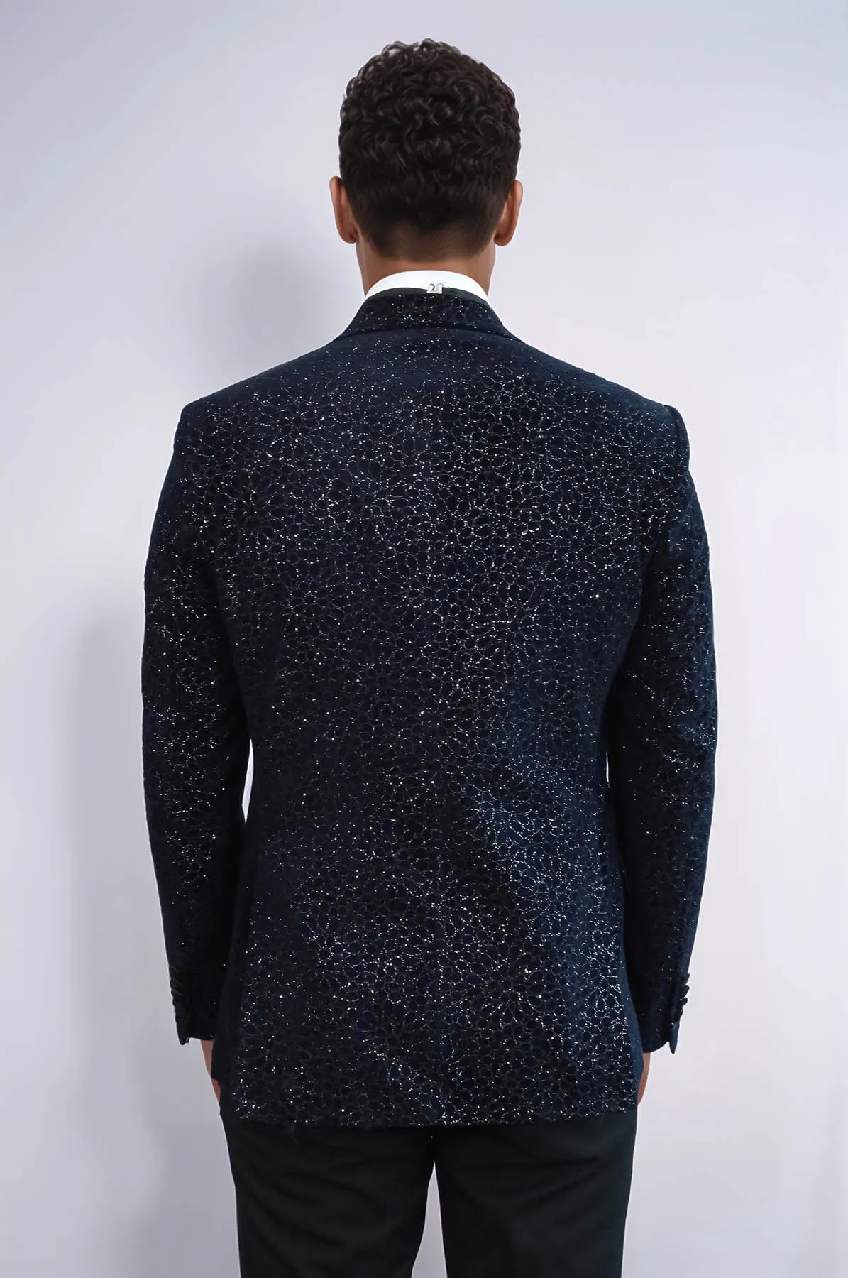 Glitter Floral Patterned Navy Blue Men Prom Blazer - Wessi