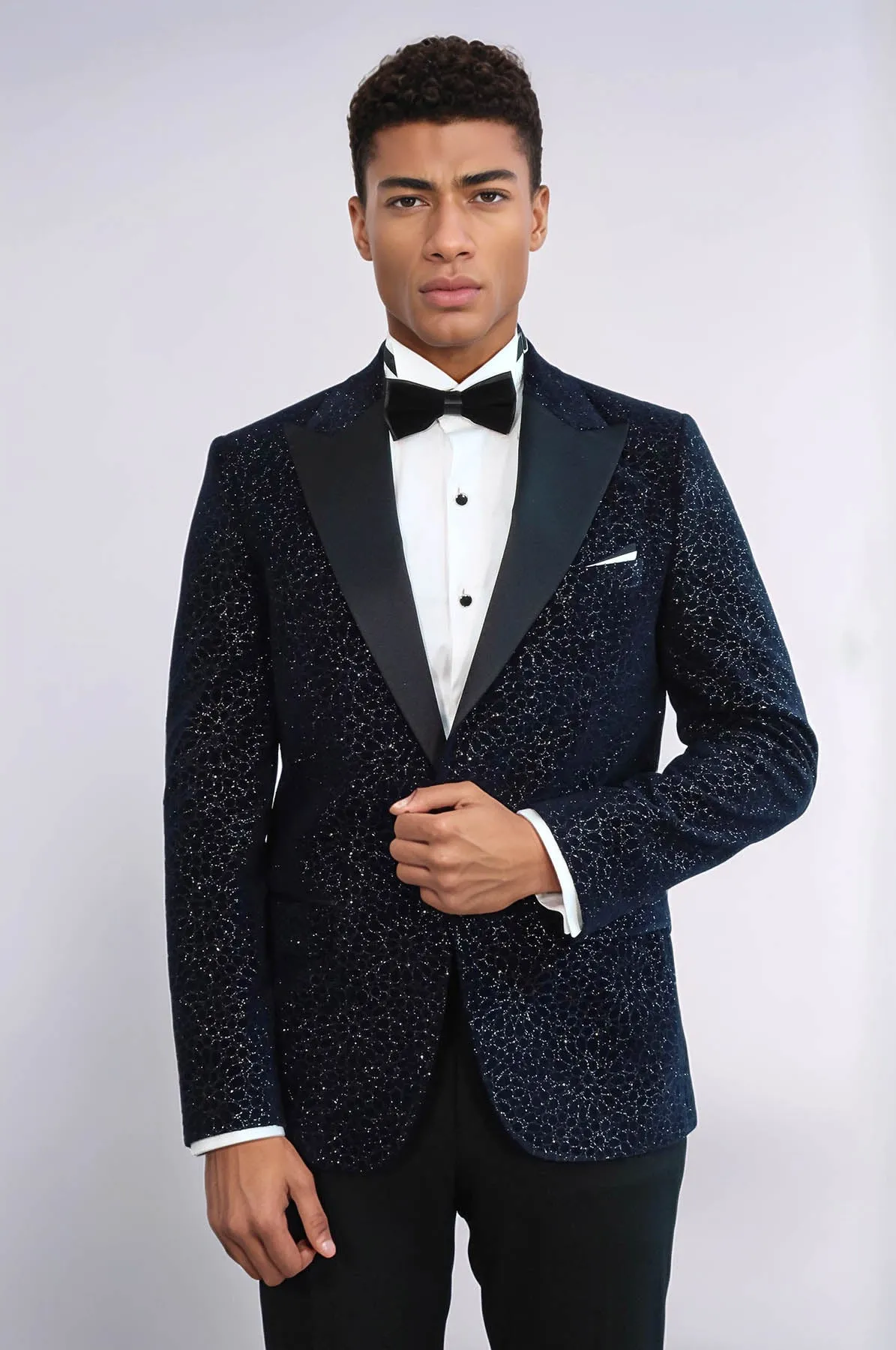 Glitter Floral Patterned Navy Blue Men Prom Blazer - Wessi