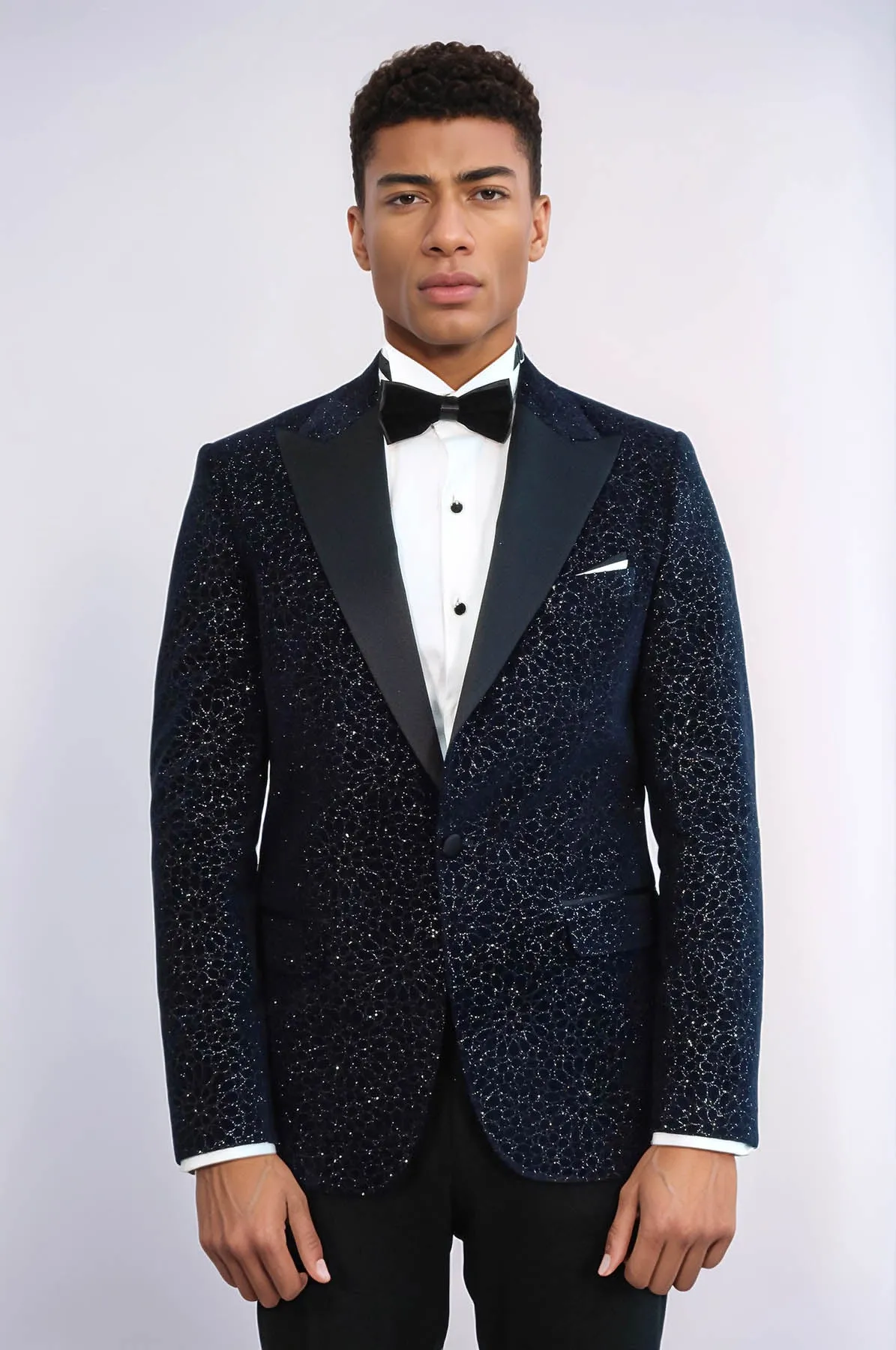 Glitter Floral Patterned Navy Blue Men Prom Blazer - Wessi