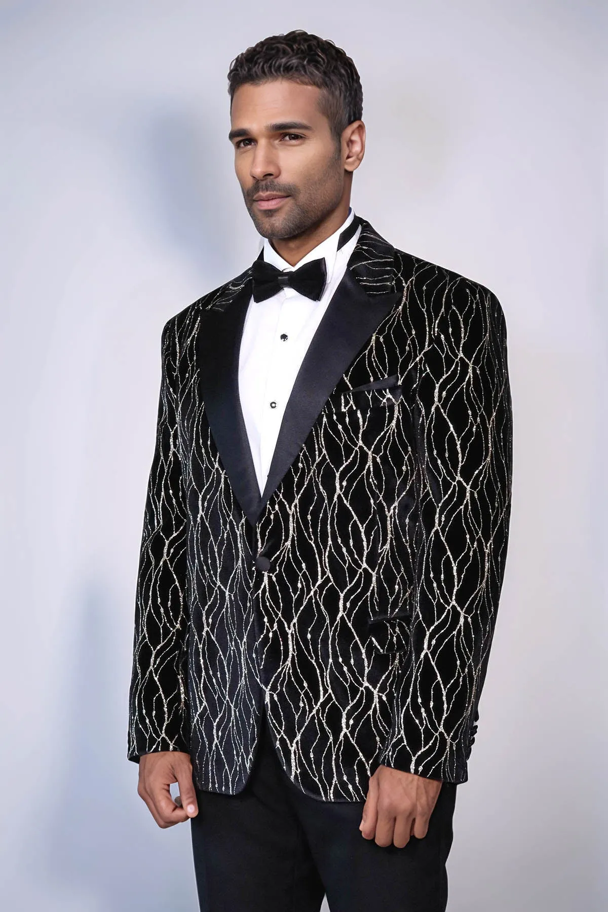 Gold Patterned Black Men Prom Blazer - Wessi