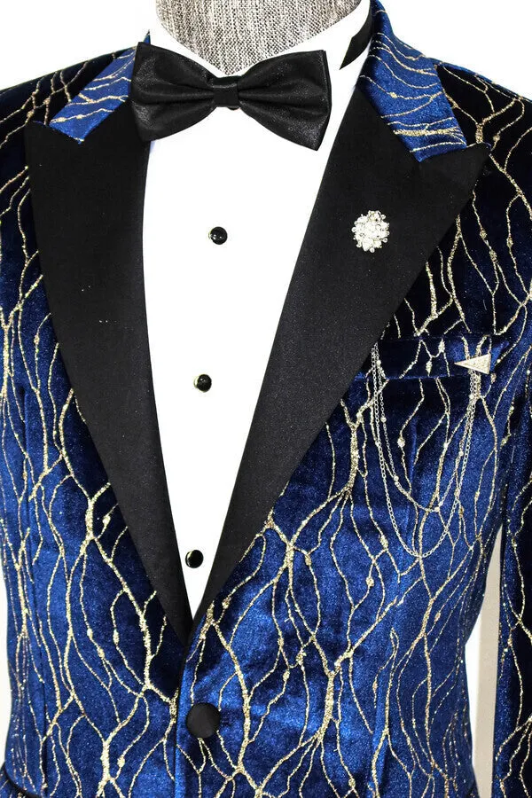 Gold Patterned Navy Blue Men Prom Blazer - Wessi