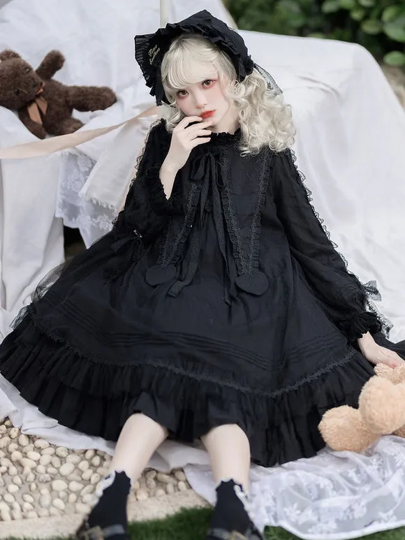 Gothic Lolita OP Dress Black Long Sleeves Lace Ruffles Polyester Lace Lolita One Piece Dress