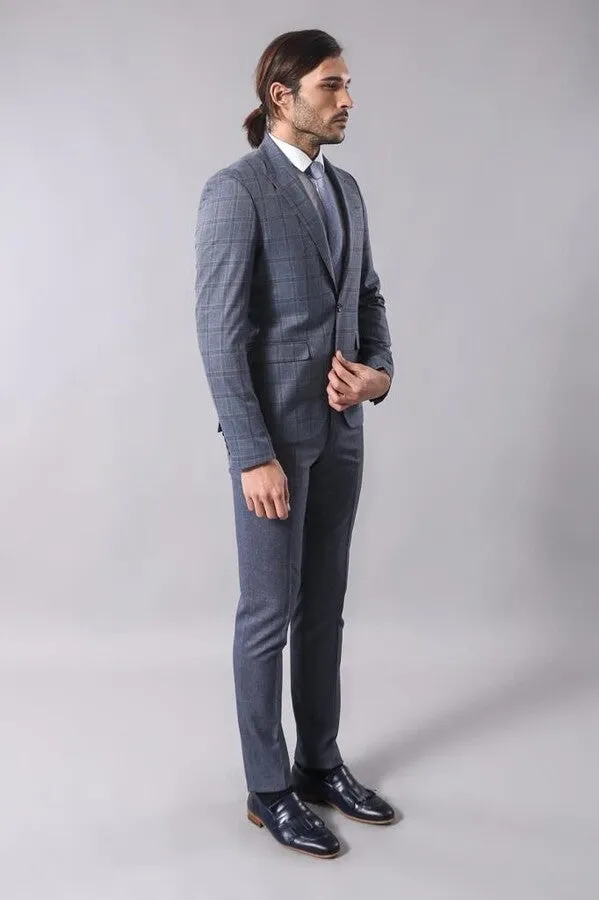 Grey Checked Men's Slim Fit Blazer - Wessi