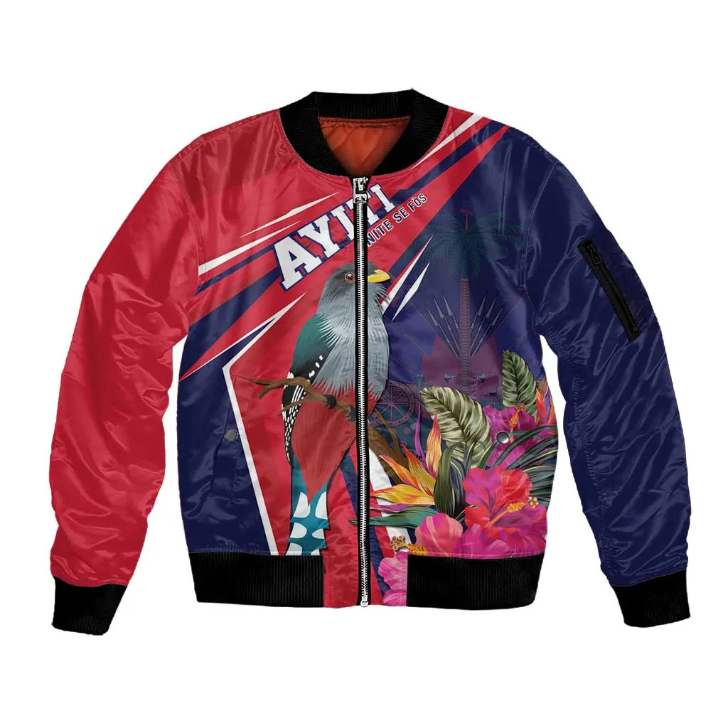 Haiti Personalized Sleeve Zip Bomber Jacket Hispaniolan Trogon Tropical Vibes LT7