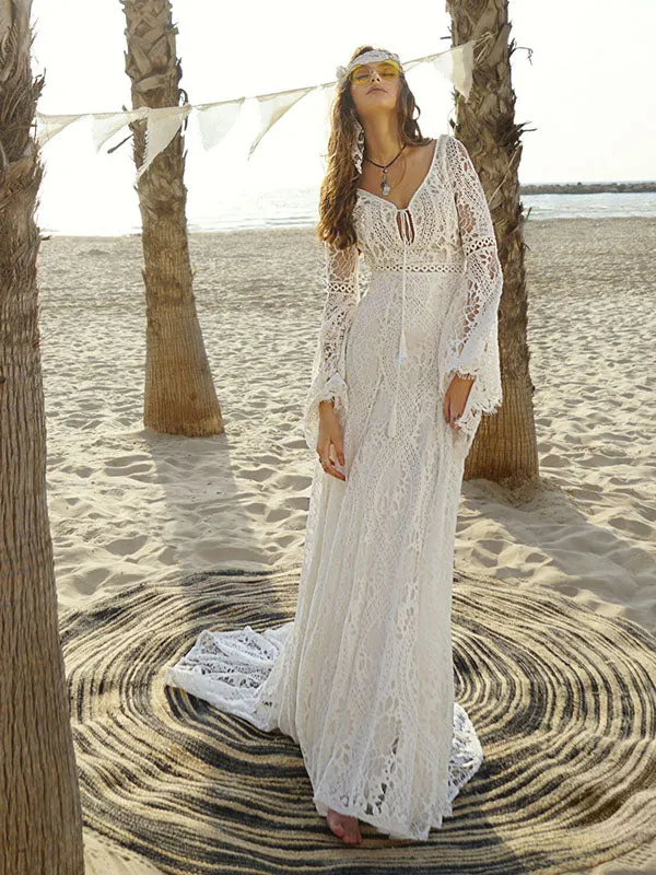 Hollow V-back Flared Flared Sleeves V-neck Maxi Dresses Evening Dresses