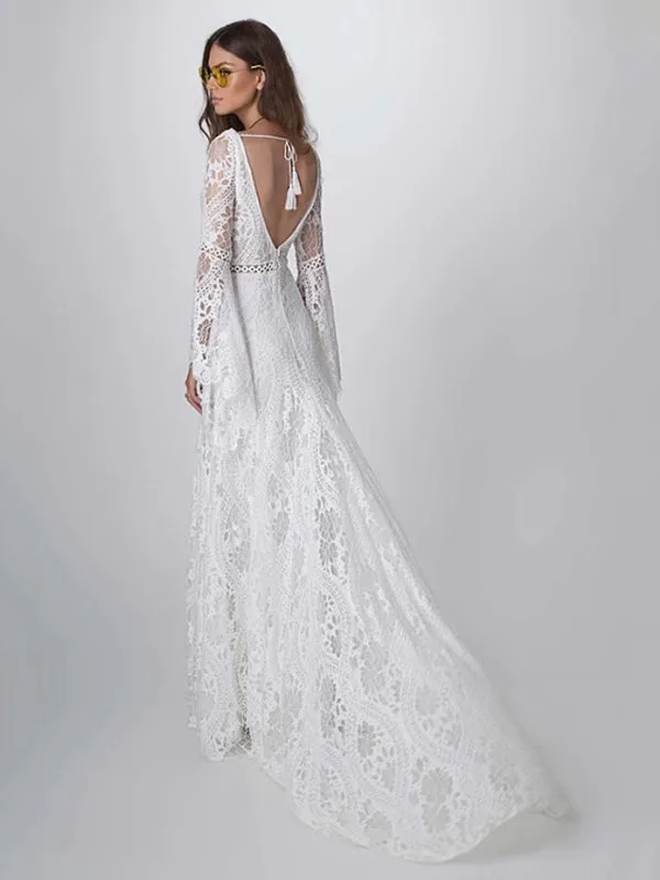 Hollow V-back Flared Flared Sleeves V-neck Maxi Dresses Evening Dresses