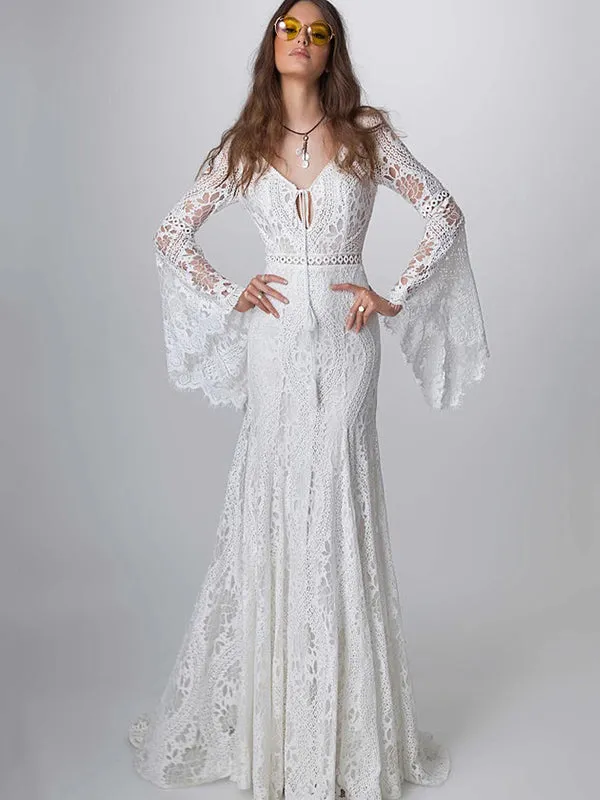 Hollow V-back Flared Flared Sleeves V-neck Maxi Dresses Evening Dresses