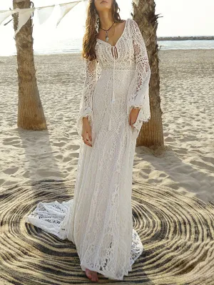 Hollow V-back Flared Flared Sleeves V-neck Maxi Dresses Evening Dresses