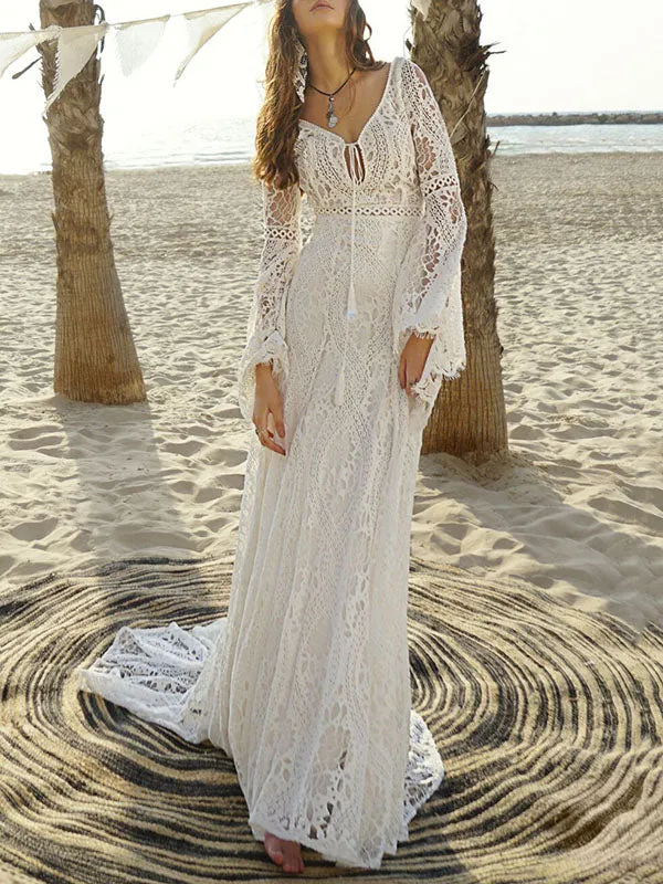 Hollow V-back Flared Flared Sleeves V-neck Maxi Dresses Evening Dresses
