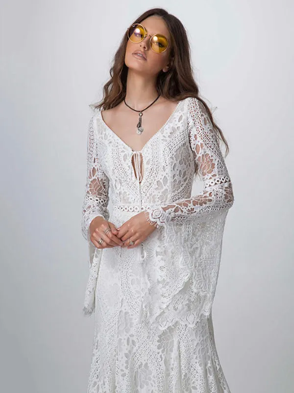 Hollow V-back Flared Flared Sleeves V-neck Maxi Dresses Evening Dresses