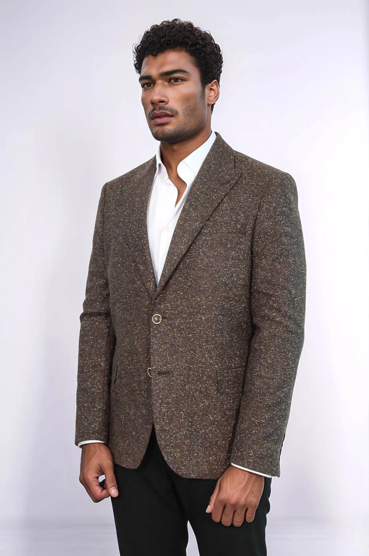 Houndstooth Pattern Wool Brown Men Blazer - Wessi