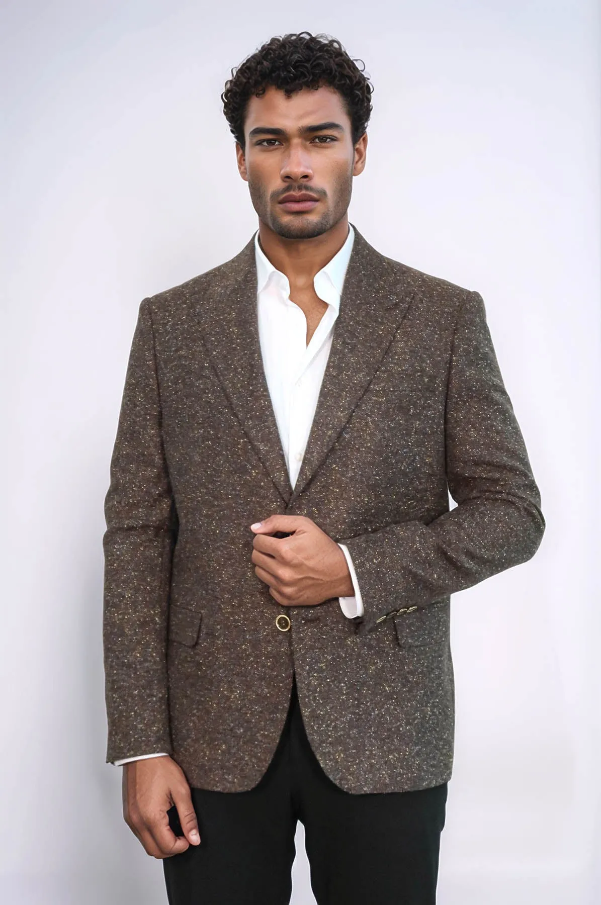 Houndstooth Pattern Wool Brown Men Blazer - Wessi
