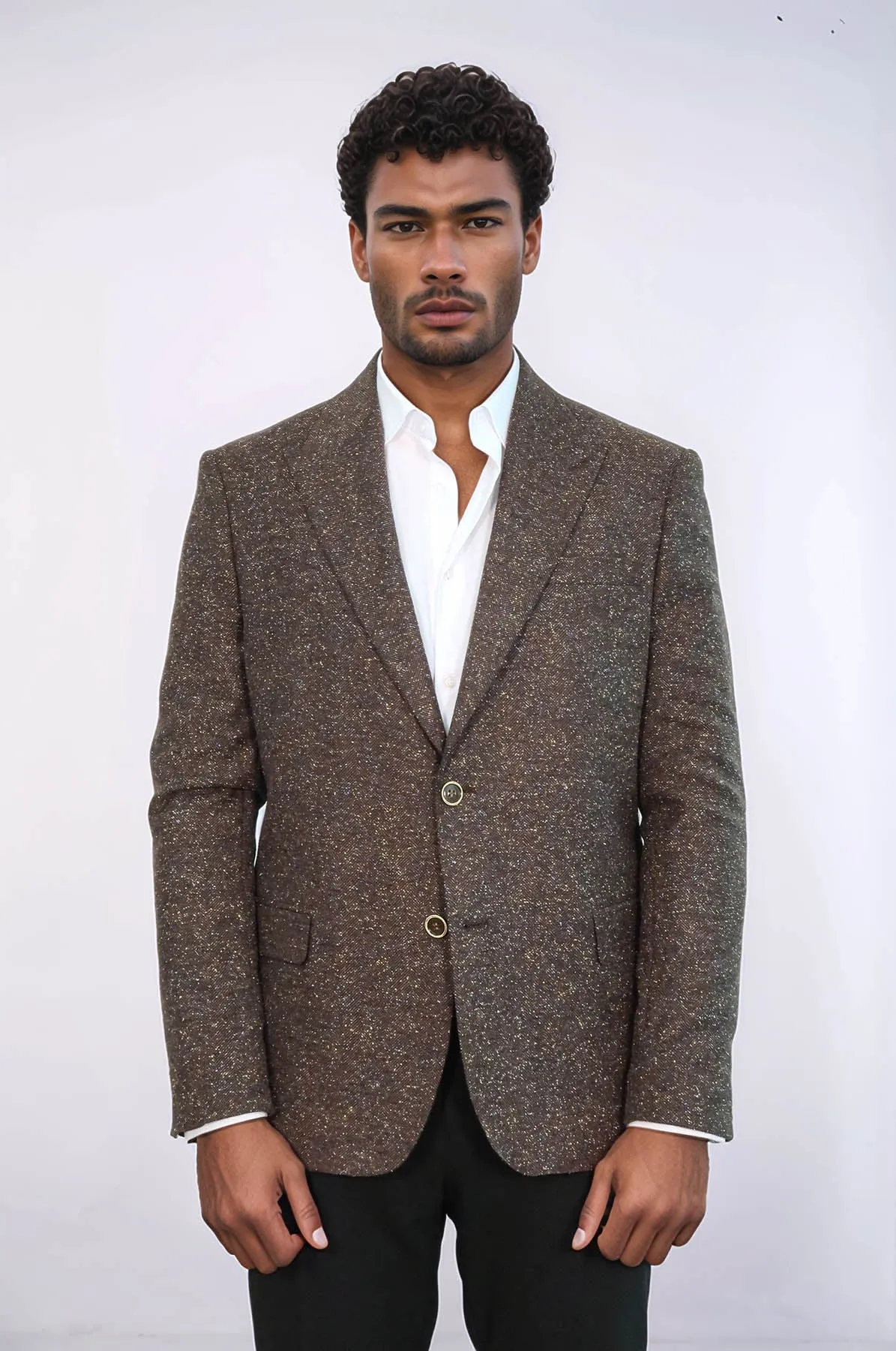 Houndstooth Pattern Wool Brown Men Blazer - Wessi