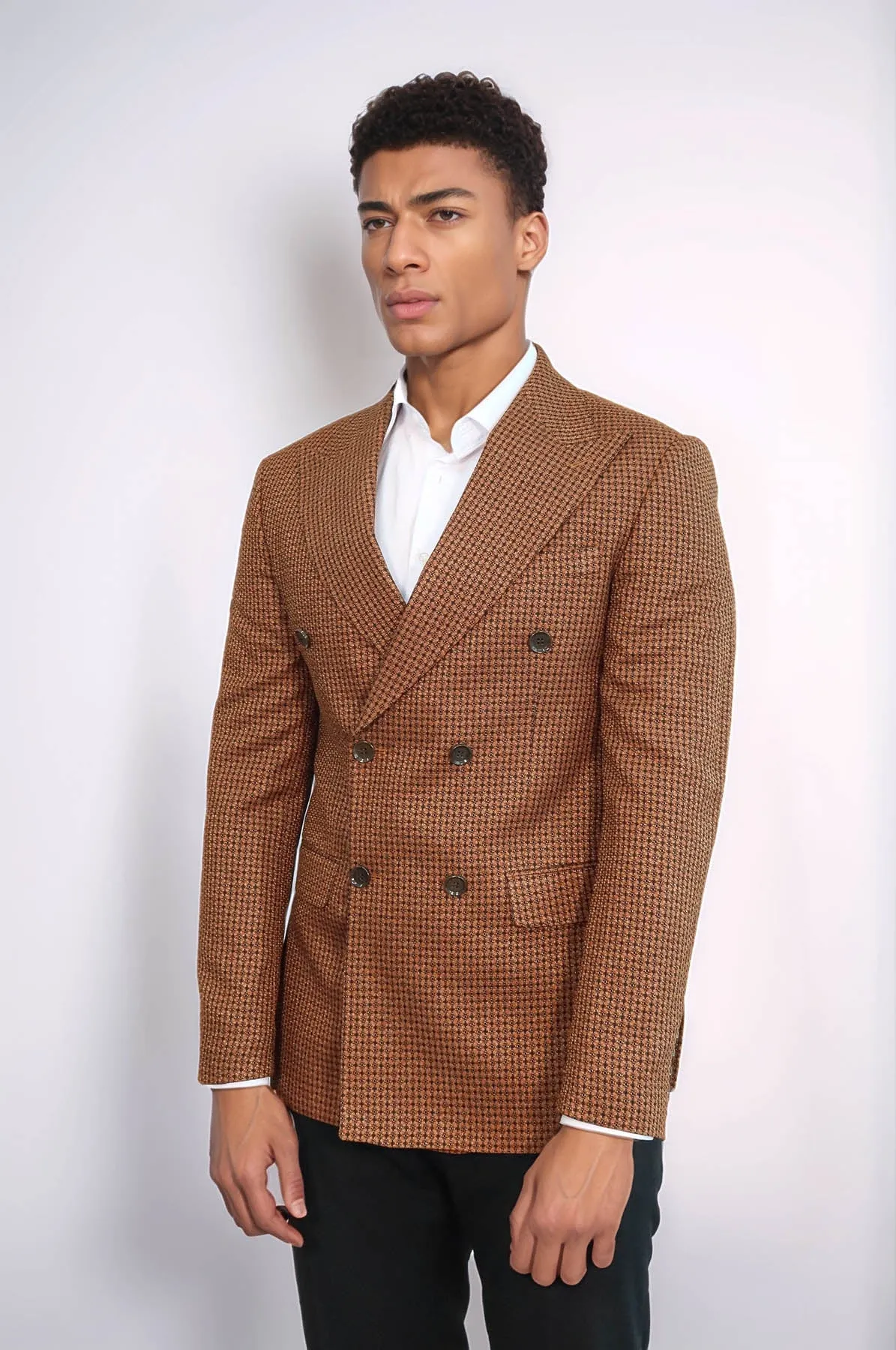 Houndstooth Patterned Tawny Men Double Breasted Blazer - Wessi