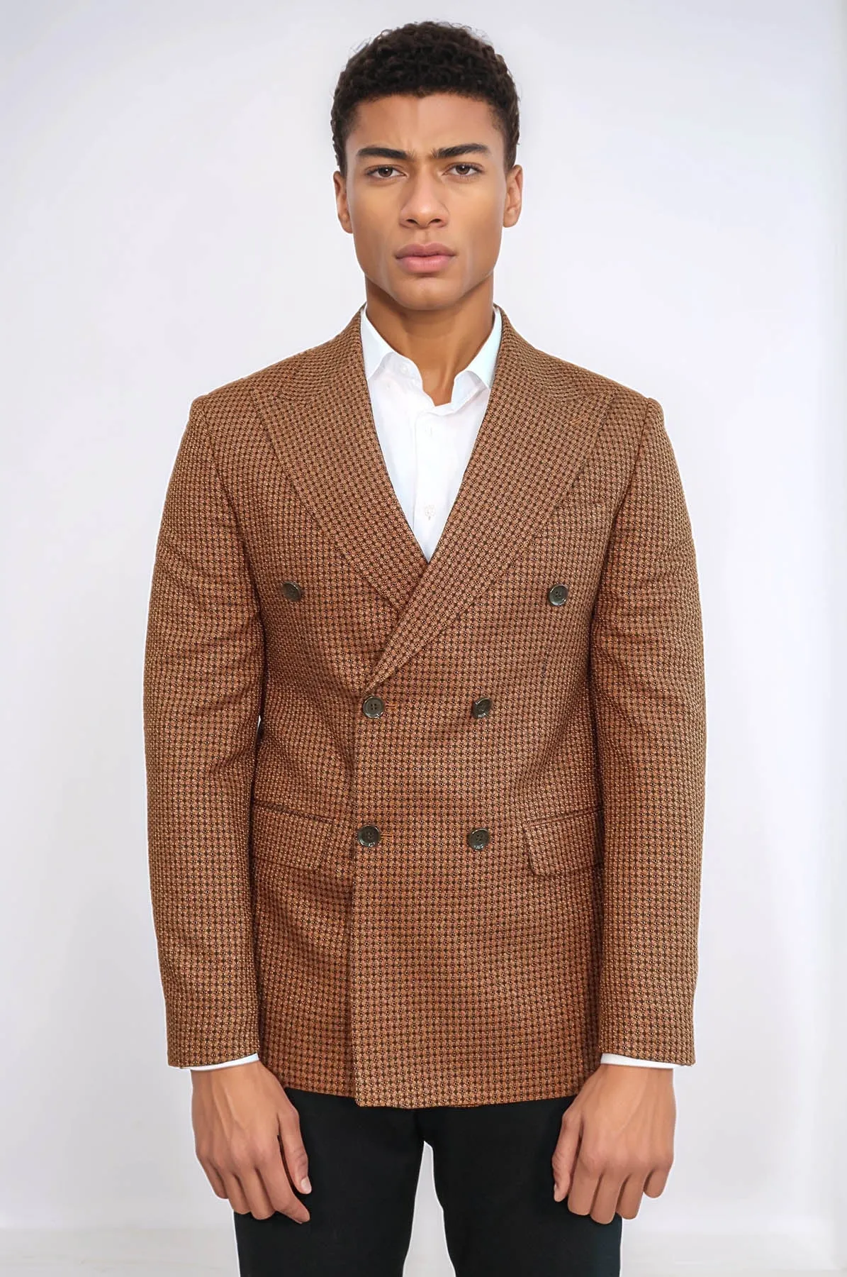 Houndstooth Patterned Tawny Men Double Breasted Blazer - Wessi