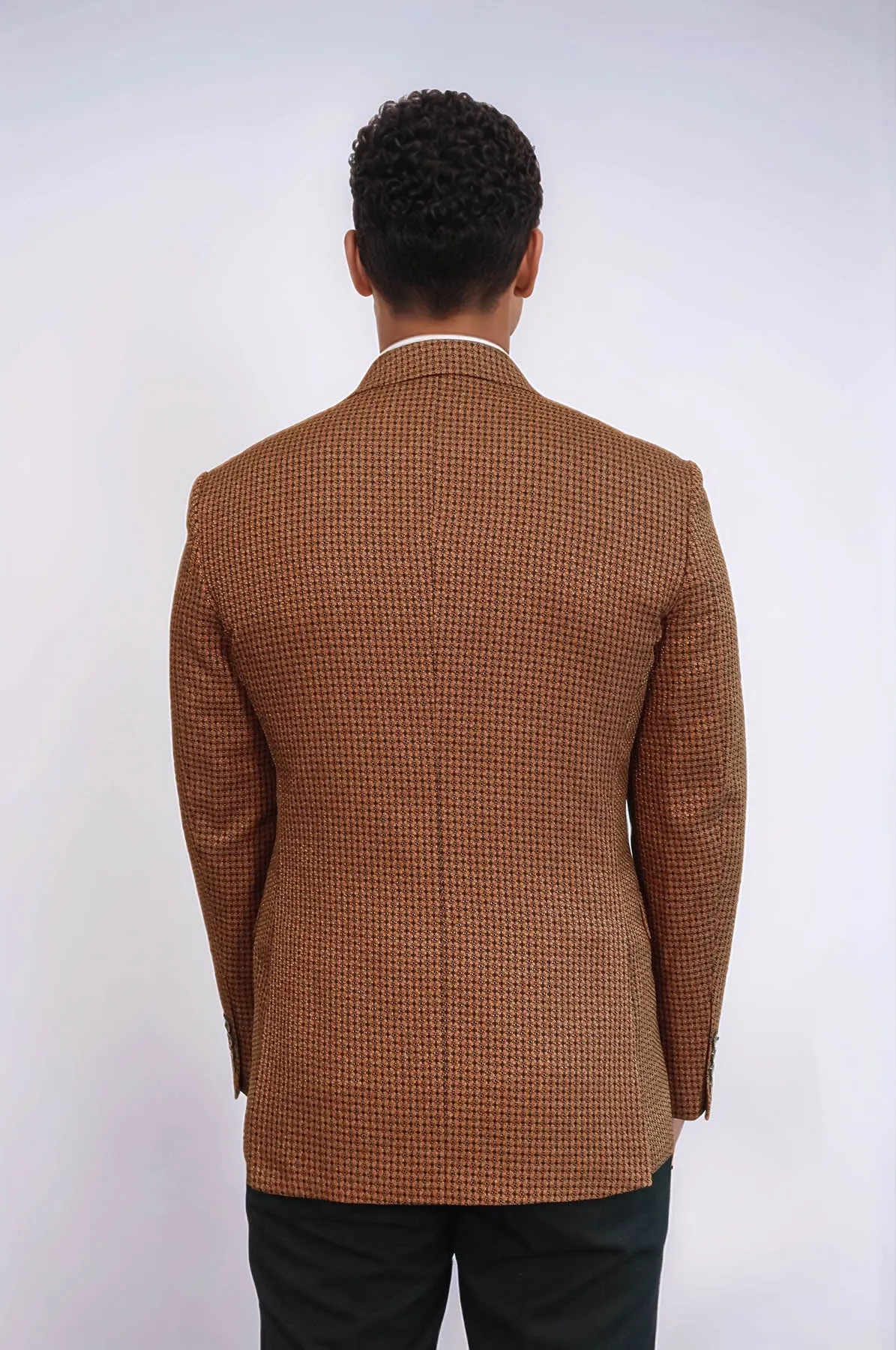 Houndstooth Patterned Tawny Men Double Breasted Blazer - Wessi