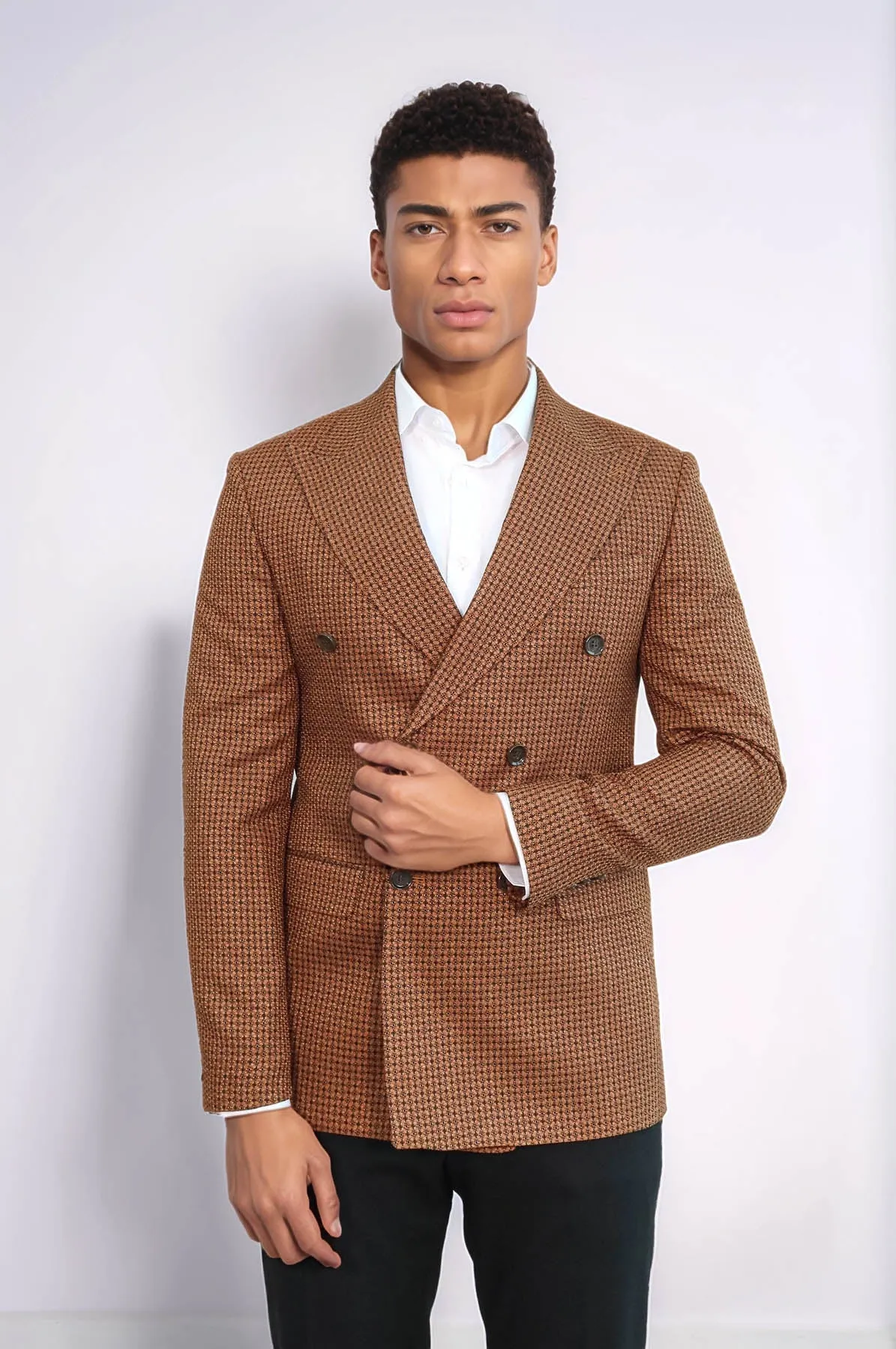 Houndstooth Patterned Tawny Men Double Breasted Blazer - Wessi