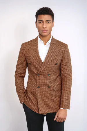 Houndstooth Patterned Tawny Men Double Breasted Blazer - Wessi