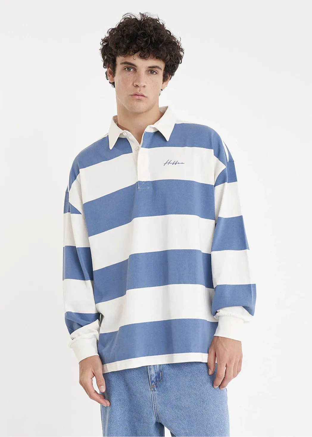 HUFFER Benson Long Sleeve Grand Rugby Jersey - Chalk/Denim