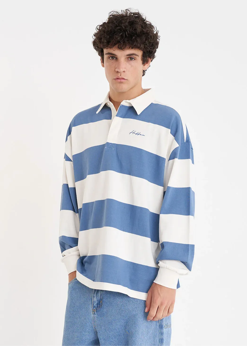 HUFFER Benson Long Sleeve Grand Rugby Jersey - Chalk/Denim