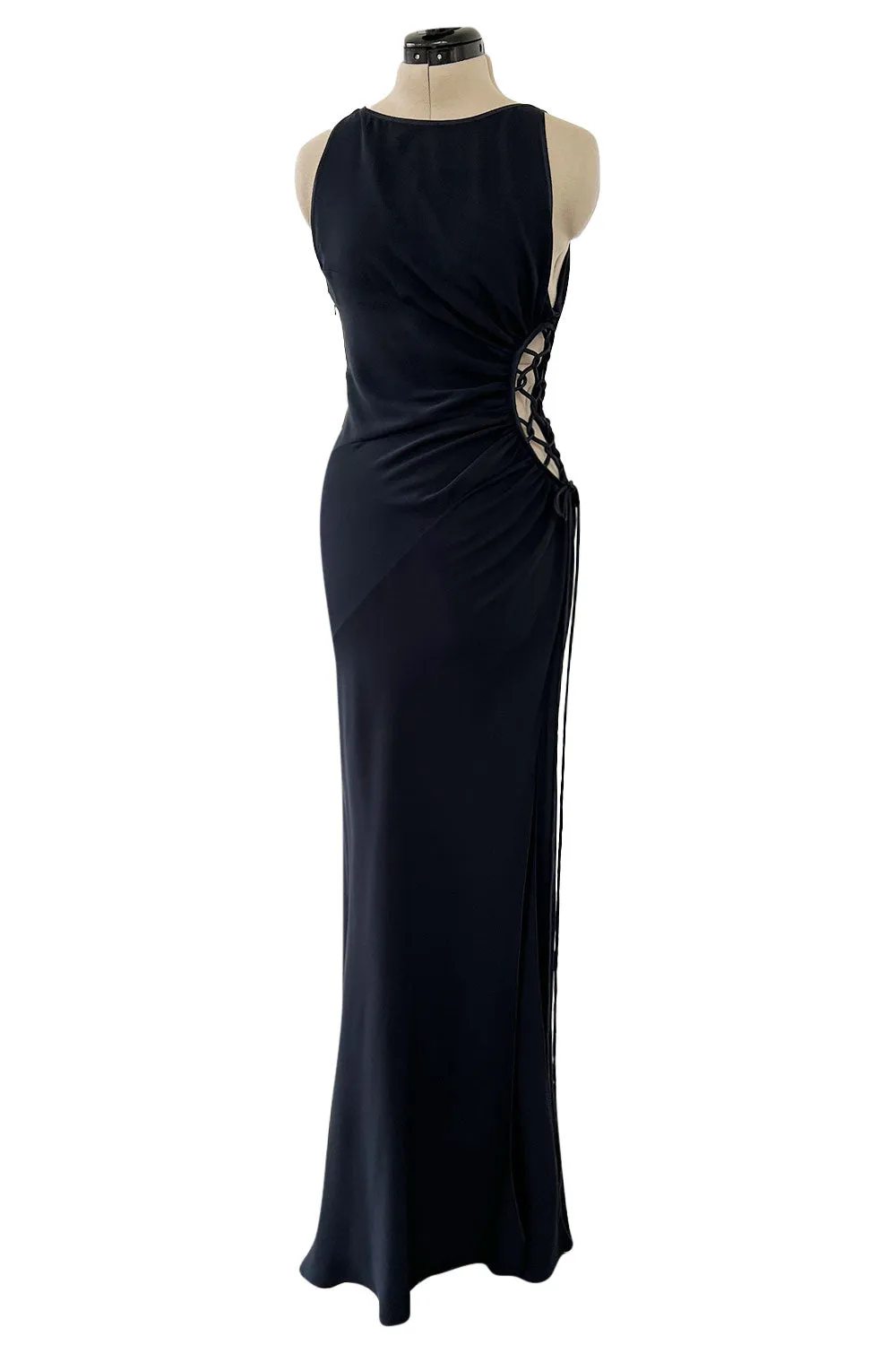 Incredible Spring 2004 Valentino Deep Blue Bias Cut Dress w Open Side Laced Cut Out