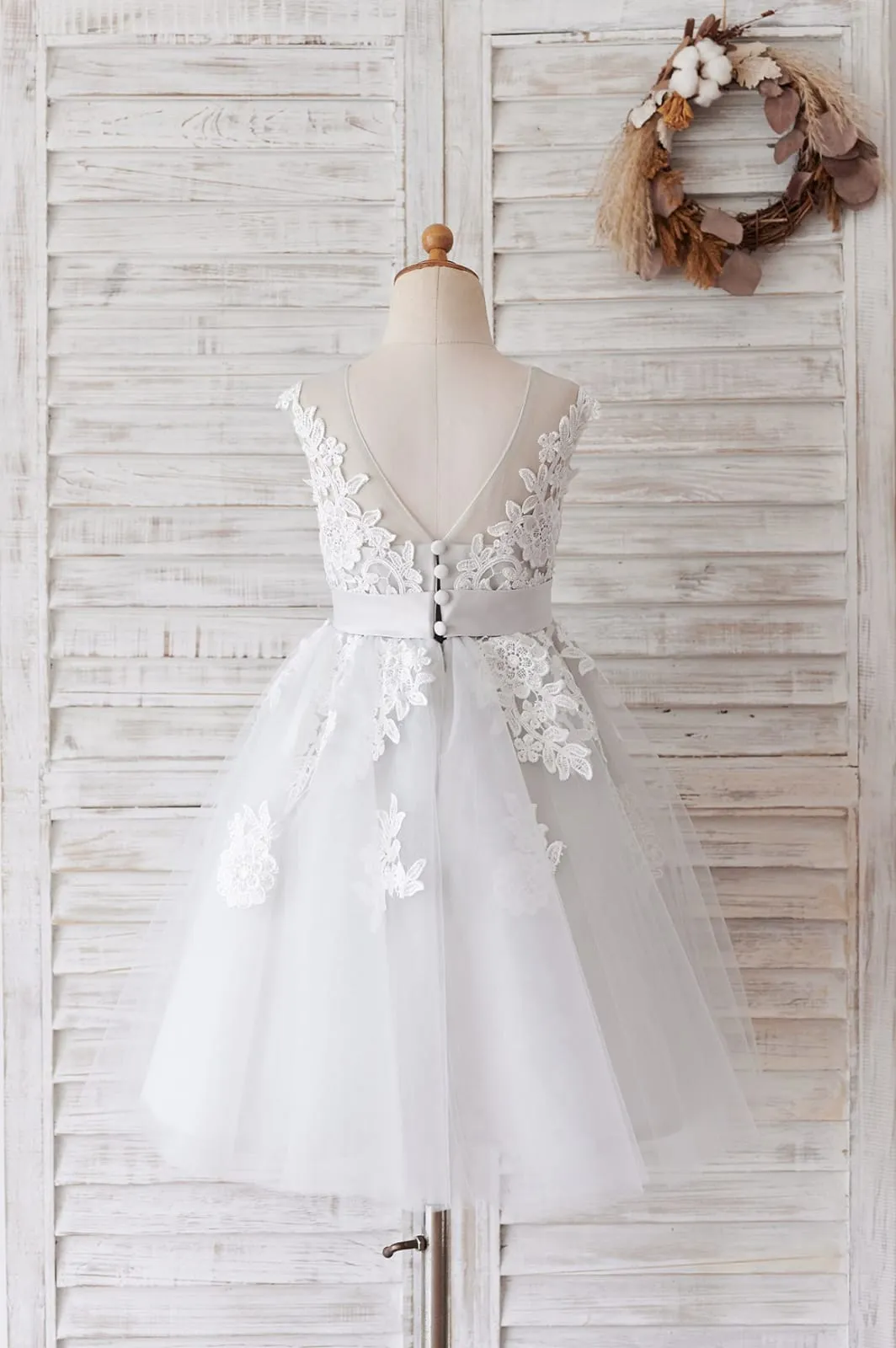 Ivory Lace Mauve / Silver Gray Tulle V Back Wedding Flower Girl Dress