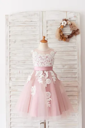 Ivory Lace Mauve / Silver Gray Tulle V Back Wedding Flower Girl Dress