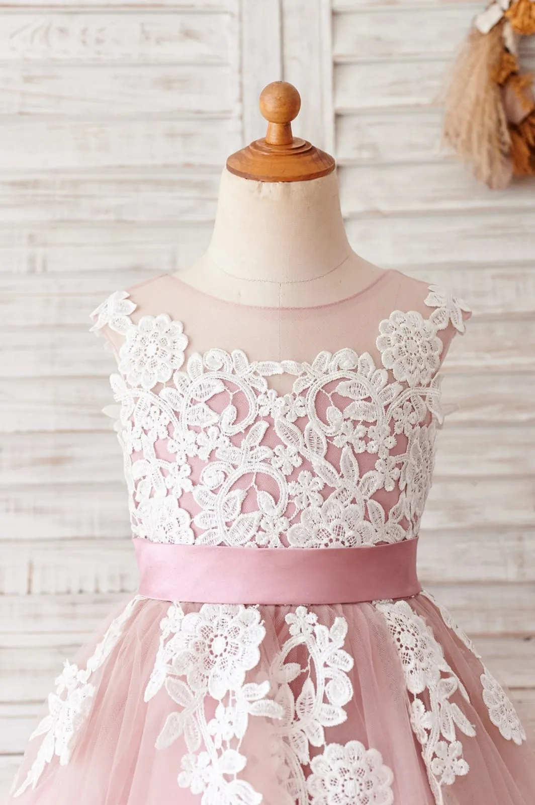Ivory Lace Mauve / Silver Gray Tulle V Back Wedding Flower Girl Dress