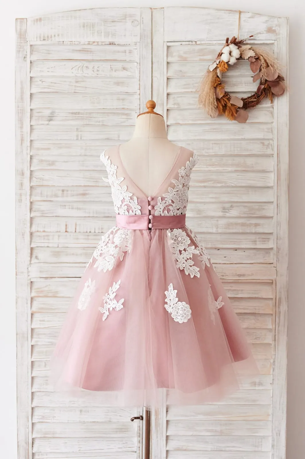 Ivory Lace Mauve / Silver Gray Tulle V Back Wedding Flower Girl Dress