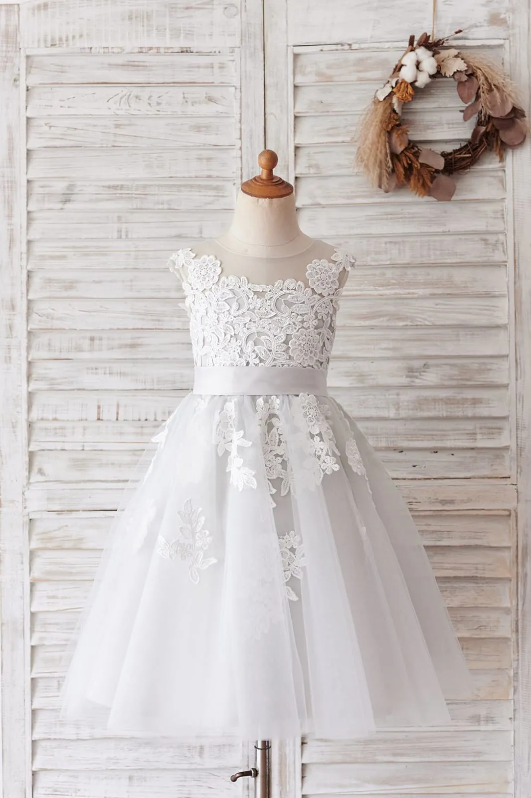 Ivory Lace Mauve / Silver Gray Tulle V Back Wedding Flower Girl Dress