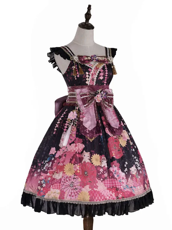 Japanese Style Lolita Costumes Lolita Dresses Polyester Bows Floral Print Kimono Sleeveless Pink