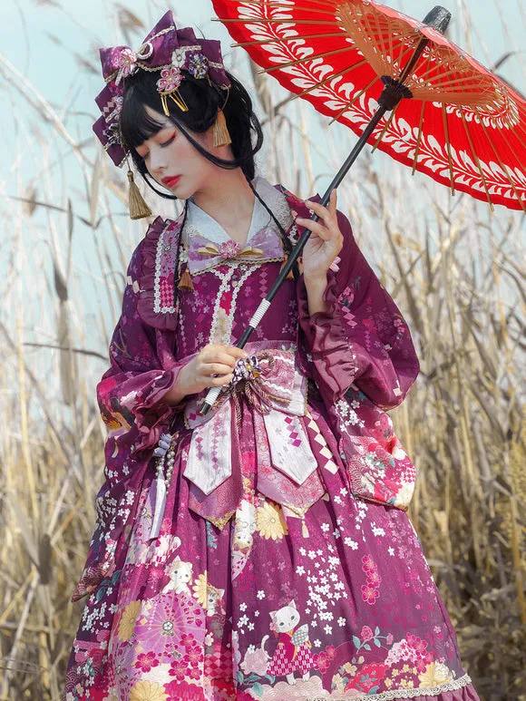 Japanese Style Lolita Costumes Lolita Dresses Polyester Bows Floral Print Kimono Sleeveless Pink
