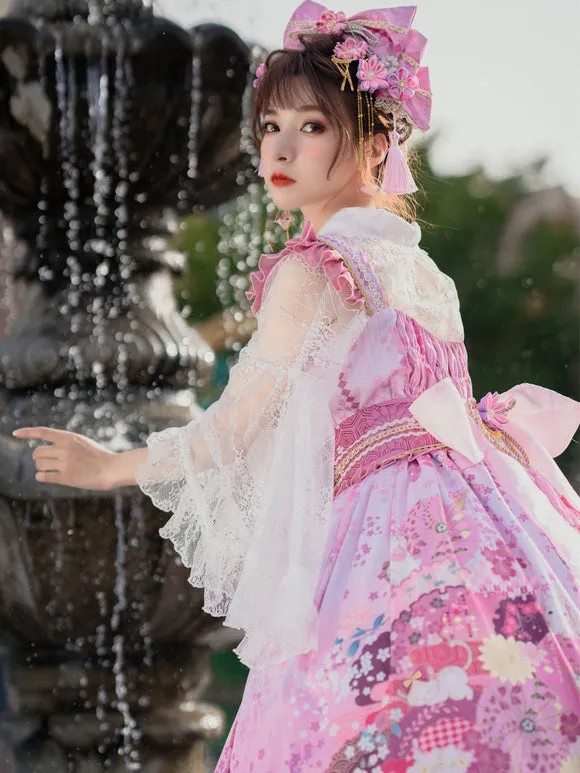 Japanese Style Lolita Costumes Lolita Dresses Polyester Bows Floral Print Kimono Sleeveless Pink