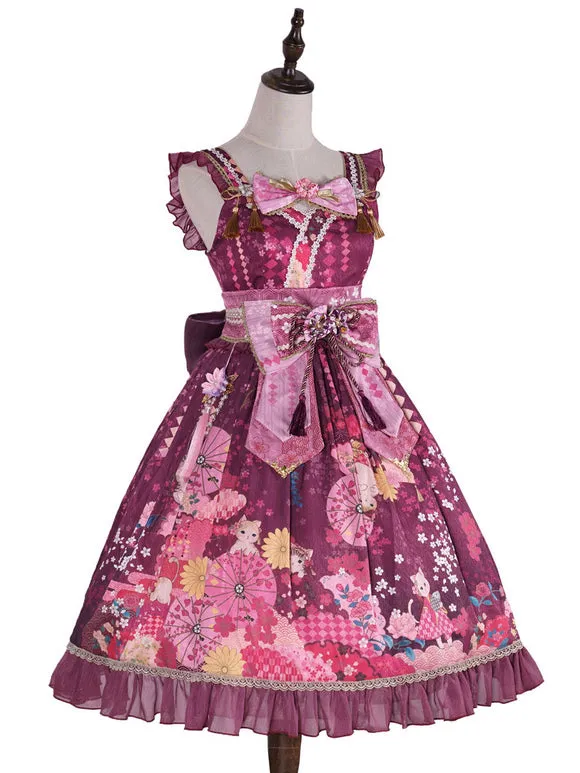 Japanese Style Lolita Costumes Lolita Dresses Polyester Bows Floral Print Kimono Sleeveless Pink