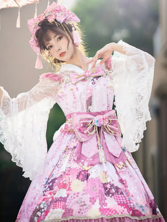 Japanese Style Lolita Costumes Lolita Dresses Polyester Bows Floral Print Kimono Sleeveless Pink