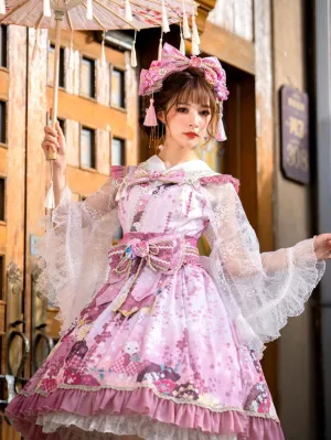 Japanese Style Lolita Costumes Lolita Dresses Polyester Bows Floral Print Kimono Sleeveless Pink