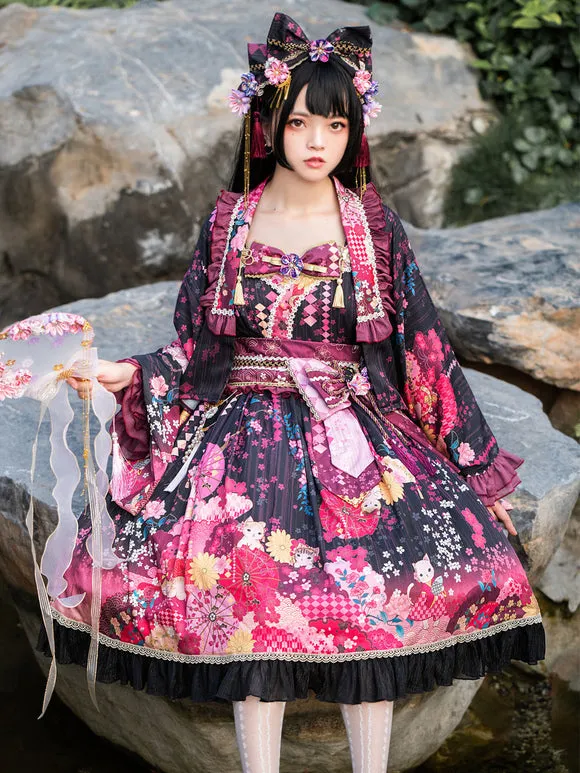 Japanese Style Lolita Costumes Lolita Dresses Polyester Bows Floral Print Kimono Sleeveless Pink