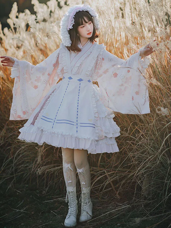 Japanese Style Lolita OP Dress Long Sleeve Floral Print Pink Bows Sweet Lolita One Piece Dresses