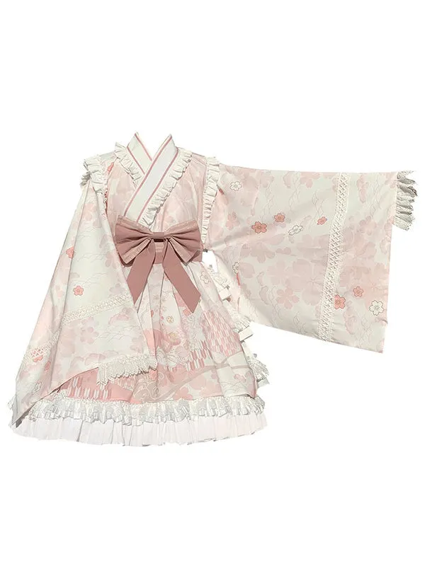 Japanese Style Lolita OP Dress Long Sleeve Floral Print Pink Bows Sweet Lolita One Piece Dresses