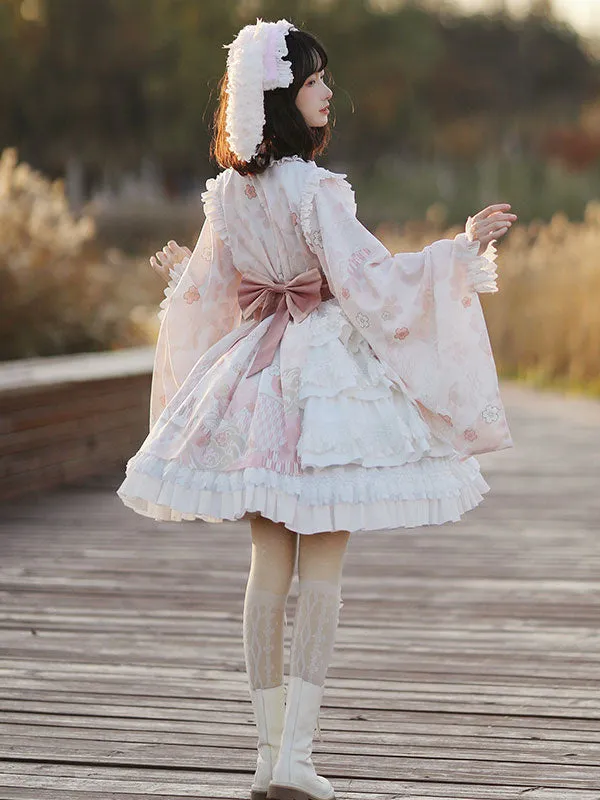 Japanese Style Lolita OP Dress Long Sleeve Floral Print Pink Bows Sweet Lolita One Piece Dresses
