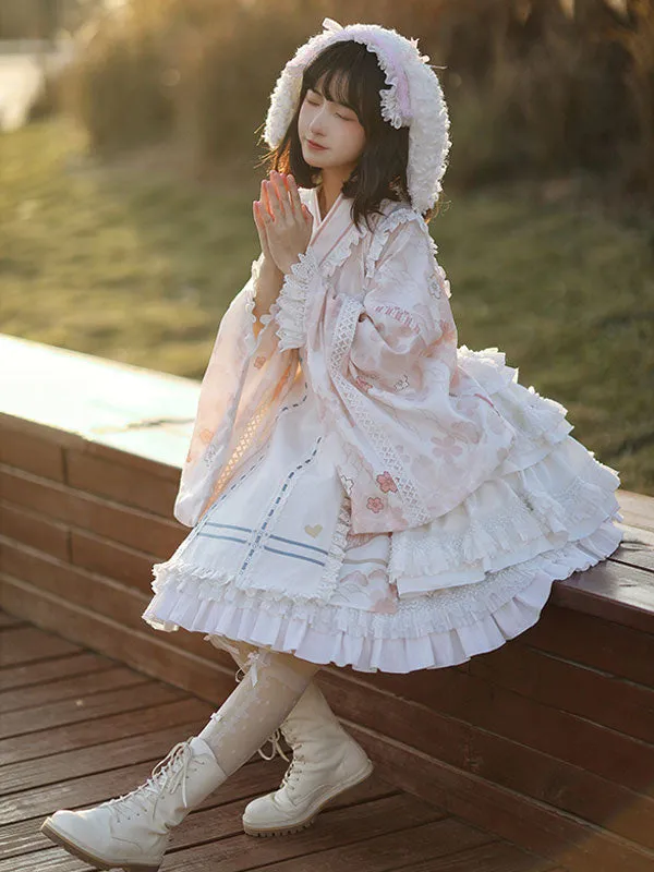 Japanese Style Lolita OP Dress Long Sleeve Floral Print Pink Bows Sweet Lolita One Piece Dresses