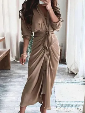 Jillian - Elegant casual dress with V-neckline and waist belt