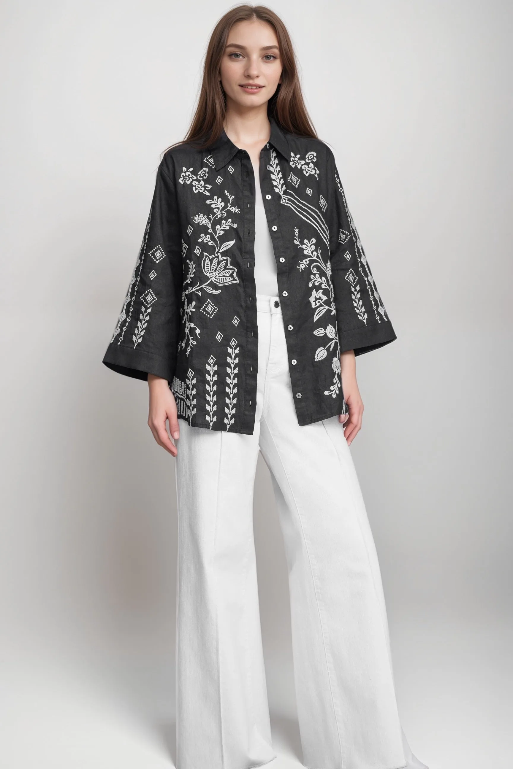 Johnny Was JWLA Kimono Sleeve Linen Shirt J15524 *