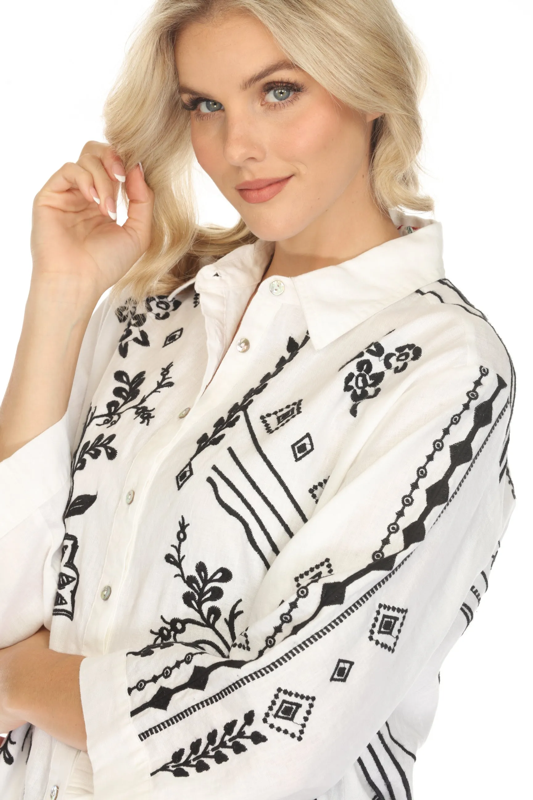 Johnny Was JWLA Kimono Sleeve Linen Shirt J15524 *