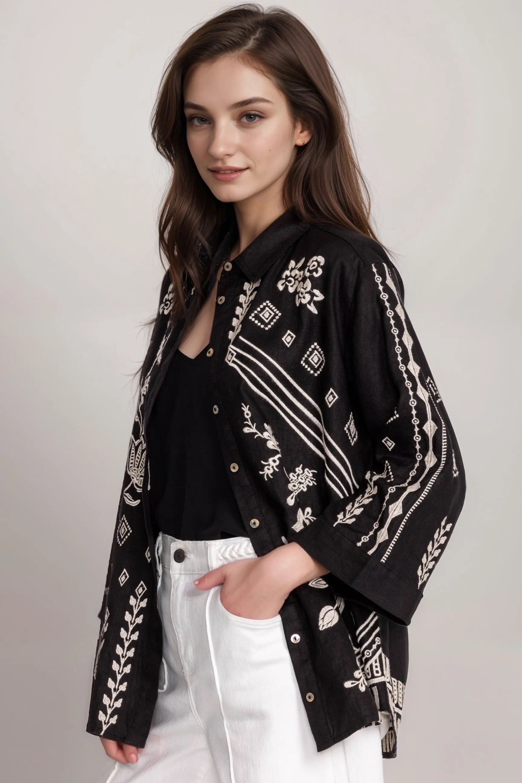 Johnny Was JWLA Kimono Sleeve Linen Shirt J15524 *