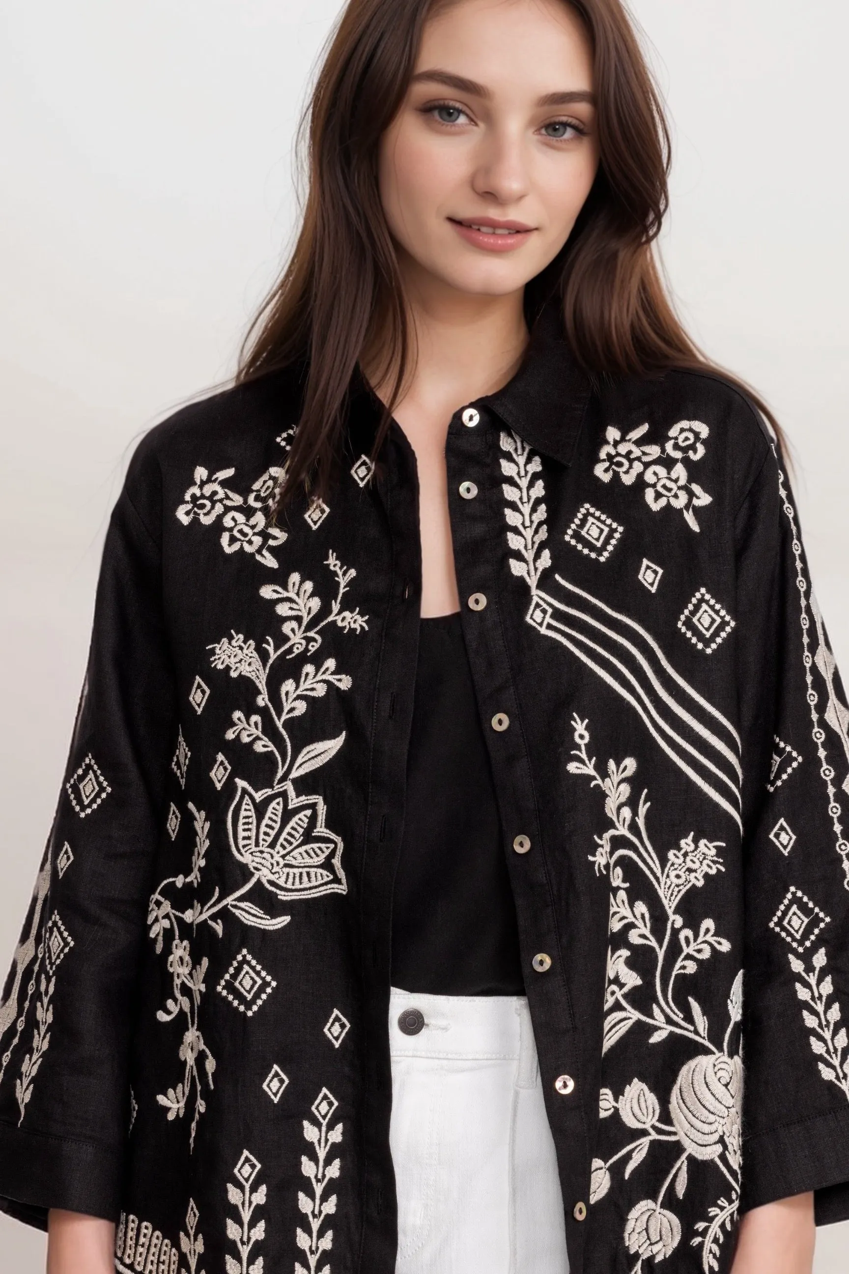 Johnny Was JWLA Kimono Sleeve Linen Shirt J15524 *