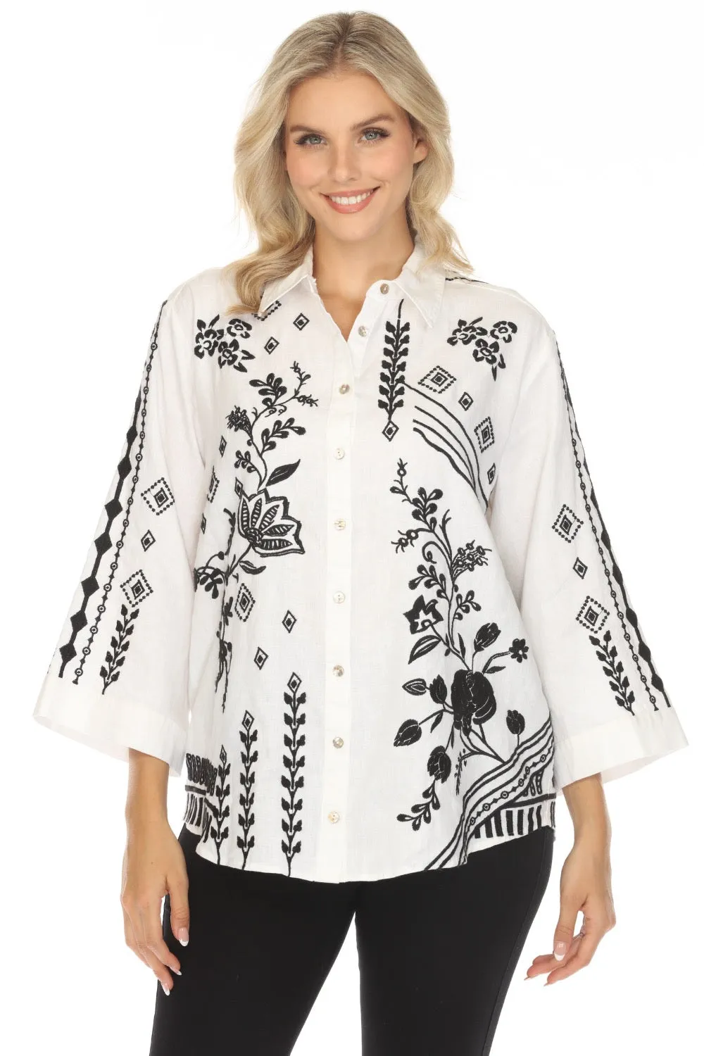 Johnny Was JWLA Kimono Sleeve Linen Shirt J15524 *