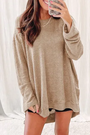 Khaki Green Waffle Knit High Slits Oversized Top
