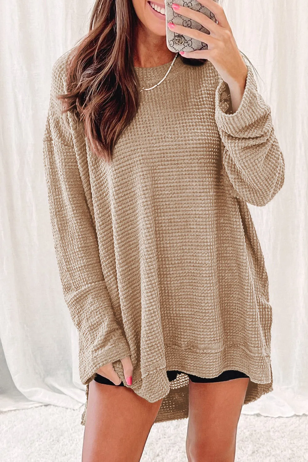 Khaki Green Waffle Knit High Slits Oversized Top
