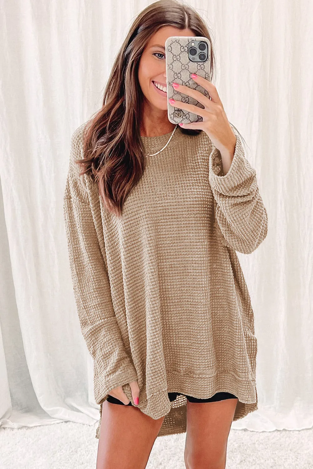 Khaki Green Waffle Knit High Slits Oversized Top